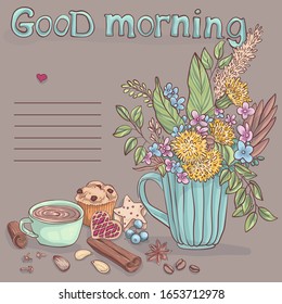 Vector image of wildflowers and lumps. Hand-drawn drawing.
Text with a wish: "Good morning"
