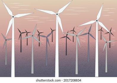 Imagen vectorial del parque eólico. Granja eólica cerca del mar.