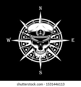 Vector image of a wind rose with a skull of a sea captain. Black and white vector image. Image on a black background.