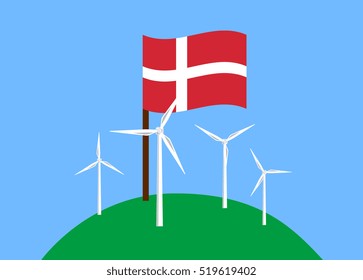 Vector image of wind turbines on a hill with the Danish flag