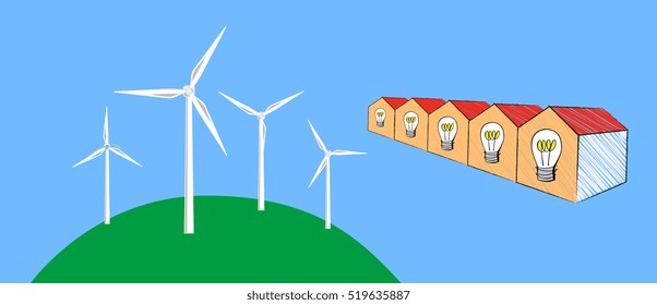 Vector image of wind turbines and a row of houses with light bulbs