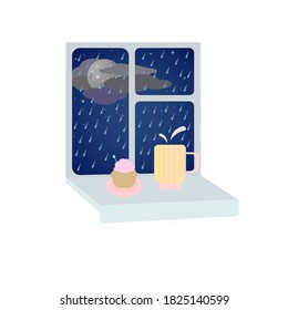 Vector image of a window with a cup and a cake on a rainy night