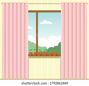 Vector image of a window with curtains in the living room. Seedlings or houseplants in pots on a windowsill. View from the window to the park, trees, clouds. Flat style vector image.