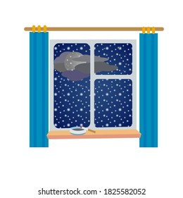 Vector image of a window with a view on a snow storm. Late winter evening with a cigarette