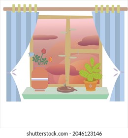 Vector image of a windowsill with flowers in a vase, a cigarette and a succulent in a pot. Cozy image of an evening spent at home enjoying sunset
