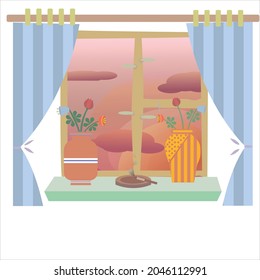 Imagen vectorial de una ventana con flores en jarrones y un cigarrillo. Imagen acogedora de una noche en casa disfrutando de la puesta de sol