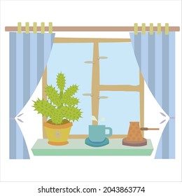 vector image of a windowsill with a succulent, a cup and a cezva. Cozy image of a little break with a coffee
