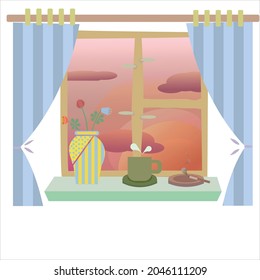 Vector image of a windowsill with a vase, a cup and a cigarette. Cozy image of an evening spent at home with a view on a sunset