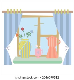 Vector image of a windowsill with a vase with flowers, coffee pot and a cup