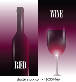 Vector image with wine bottle and wine glass on purple background with sign. Wine menu
