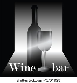 Vector image with wine bottle and wine glass on  abstract black and gray background with sign. Wine menu