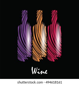 Vector image with wine bottles on black background with sign. Wine menu