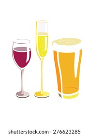 Vector image of a wine glass, beer glass and champagne glass