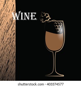 Vector image with wine glass on black background with sign. Wine menu