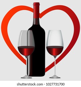 a vector image of wine glasses, a bottle of red wine on a red heart background
