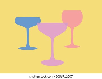 Vector image. Wine glasses of different colors on a yellow background. Minimalism.