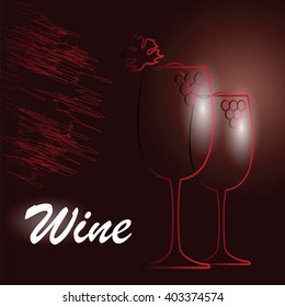 Vector image with wine glasses on burgundy background with grapes and sign. Wine menu