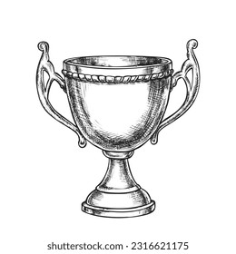 Vector image of winner trophy. Sketch of sport prize cup. Hand drawn sign for competition victory. Realistic goblet for award or achievement. Isolated championship bowl. Champion award for sport event