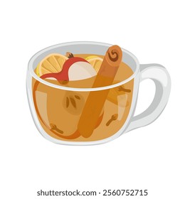 Vector image of winter or autumn drink in glass mug. Image of alcoholic cocktail with apples, cinnamon and ginger with lemon. Logo and icon for coffee pots isolated on white background