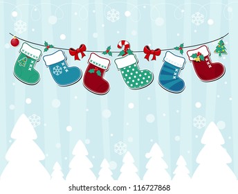 vector image of winter background with christmas socks and ornaments