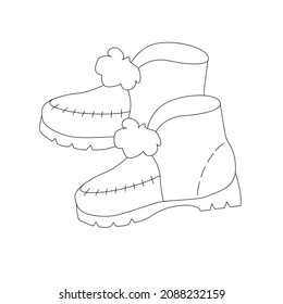 Vector image of winter boots with fur with ponpon. Suitable for catalogs with clothes and shoes, as technical drawing, icons for websites and booklets, for children's books and coloring pages.