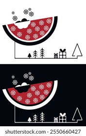 vector image of a winter card with watermelon and snowflakes