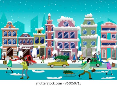 The vector image of a winter city at day. With cars, transport, people, sledges, christmas trees, trees, lanterns, gifts, a dog, houses and snow. Landscape.