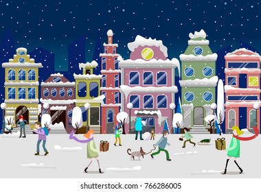 The Vector Image Of A Winter City At Night. With People, Janitor, Children, Sledges, Trees, Trees, Lanterns, Gifts, A Dog, Houses And Snow. Landscape. Street.