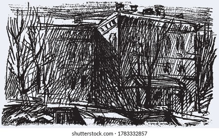 Imagen vectorial del paisaje urbano invernal con siluetas de casas y árboles