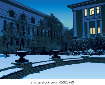Vector image. Winter evening on the streets of the city.