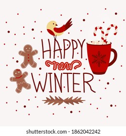 Vector image of winter hot drink, cute bird and gingerbread cookie