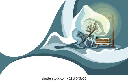 Vector image of a winter landscape. A tree with a bench under a luminous lantern. Ecological Stop for the passer-by. Stylization. EPS 10