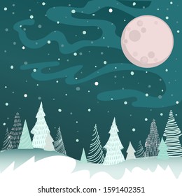Vector image of a winter night with a full moon, snowflakes, snowdrifts and schematically drawn Christmas trees from lines and dashes on a green background.