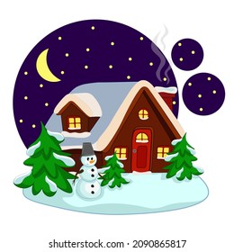 Vector image of a winter night landscape with a wooden house, snowman and firs. Cartoon vector illustration for children