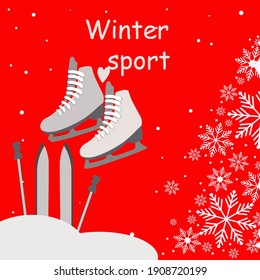 Vector image of a winter sports card and skis, on a red background	
