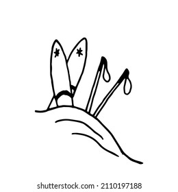 Vector image of winter sports. Ski in a snowdrift. On a transparent background. Hand drawn.