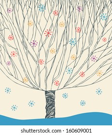 Vector image of winter tree. Unusual illustration with tree under snowfall