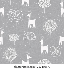 vector image of winter trees and reindeer. seamless.