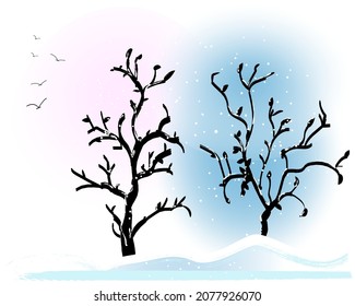Vector image of winter trees and snow