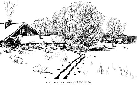 Vector image of a winter village landscape. Executed in the form of engraving.