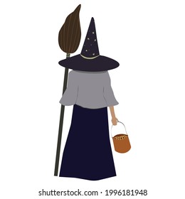 Vector image of a witch standing with her back in a hat, with a broom in her hand and a basket. White background. Halloween illustration, print on clothes, posters, postcards, fabric, textiles, decor.