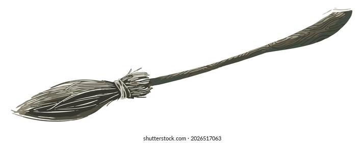 Vector image of a witch's broom for Halloween. Doodle. Black outline. Hand-drawn. Design of posters, postcards, invitations to the holiday, decor.