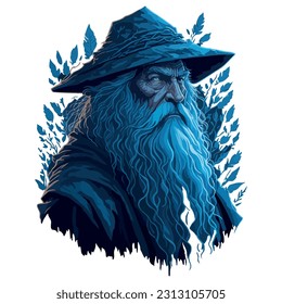 vector image of wizard in blue suit and background of blue leaves