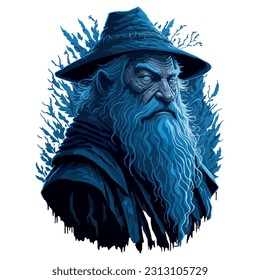 vector image of wizard in blue suit and background of blue leaves