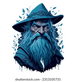 vector image of wizard in blue suit and background of blue leaves