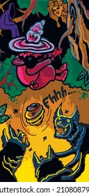 Vector image of a wizard hanging from a tree escaping from wolves