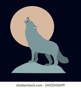 Vector image of a wolf against the background of the moon. Wildlife concept art. Wild wolf emblem, on a cliff.
