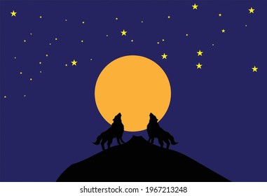 Vector image of a wolf on a mountain with a big full moon as the background and accompanied by stars in the blue sky