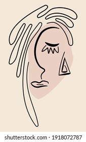 Vector image woman abstract face with closed eyes and triangle eyerings line drawing. Portrait minimalistic style. Surrealistic line drawing abstract face. Modern continuous line art