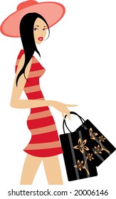 vector image of woman after shopping with purchases. isolated on white